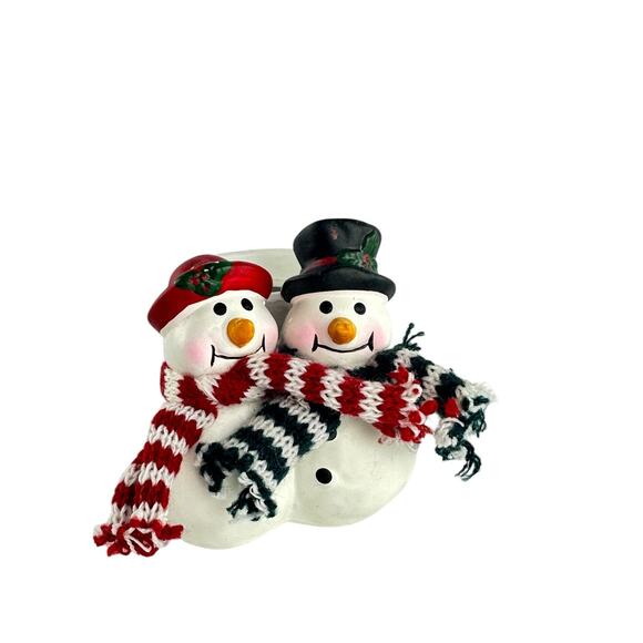 Vintage Ceramic Snowman Couple Planter with Scarves Christmas Vase Holiday Decor - Picture 3 of 15